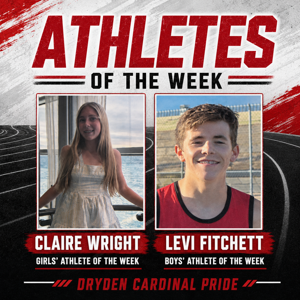 🏃♀️🏃♂️ DOUBLE THE CARDINAL PRIDE! ❤️🖤 Congratulations to Claire Wright and Levi Fitchett, who were both named Tri-City Times Athletes of the Week! Claire and Levi each placed third at the Hatchets Under the Lights Invitational. Way to represent Dryden! 🎉 #ProudCardinal #DrydenCardinals #CardinalPride #CrossCountry