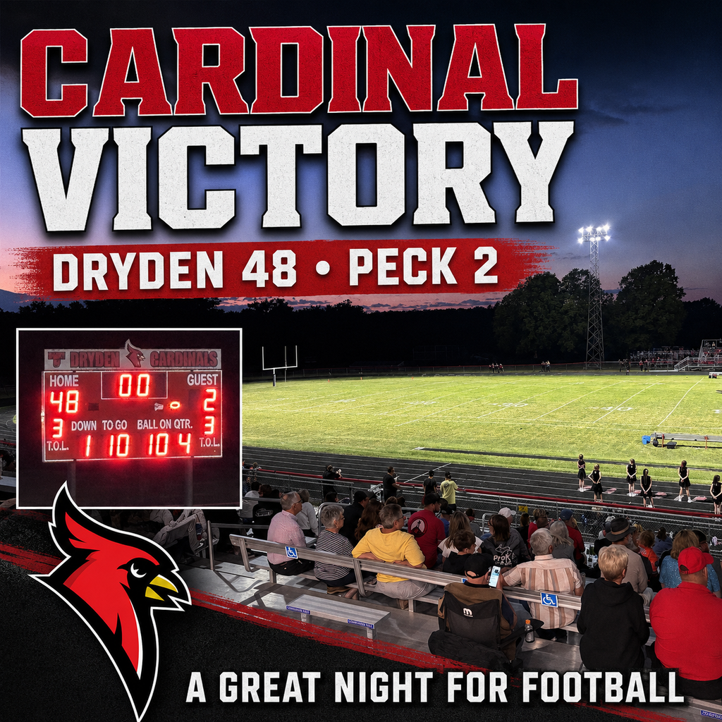 What a great night for football at Stremler Field! The Dryden Cardinals opened the season with an impressive 48–2 victory over Peck! Congratulations, Cardinals! 🏈❤️🖤