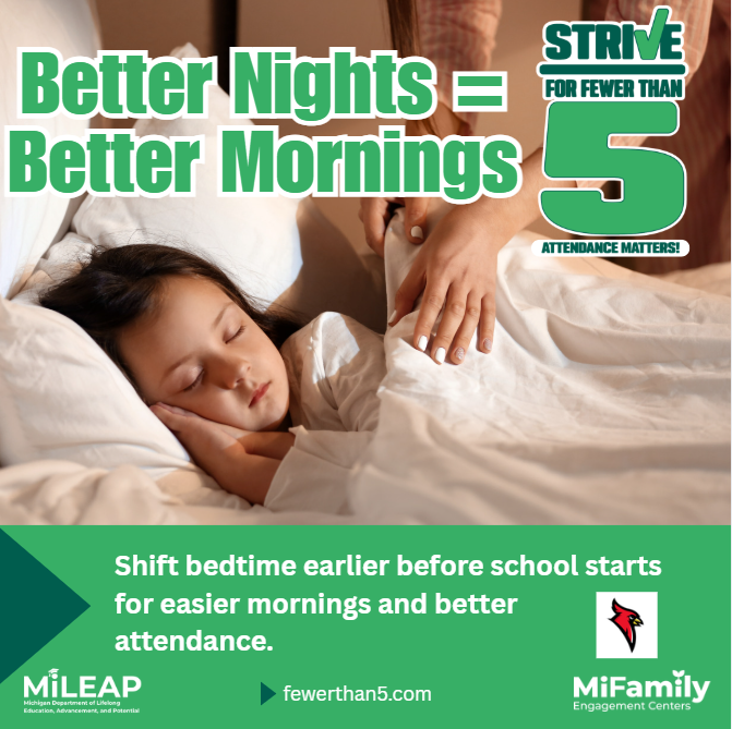better nights = better mornings strive for fewer than 5 shift bedtime earlieyr before school starts for easier mornings and better attendance fewerthan5.com mi family