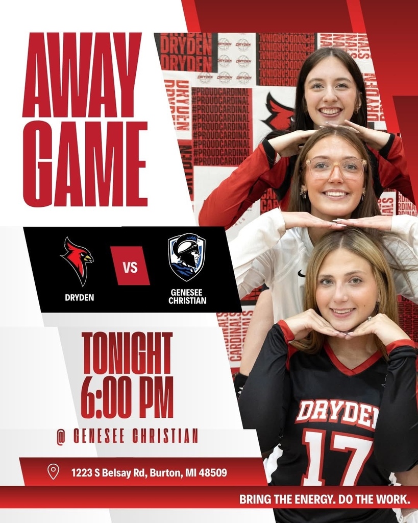 🏐 It’s game day for the Lady Cardinals!  Dryden travels to Genesee Christian tonight for a 6:00 p.m. matchup. Bring the energy, do the work, and let’s go, Cardinals! ❤️🖤  📍 Genesee Christian 1223 S. Belsay Road, Burton  #ProudCardinal #DrydenVolleyball #GameDay