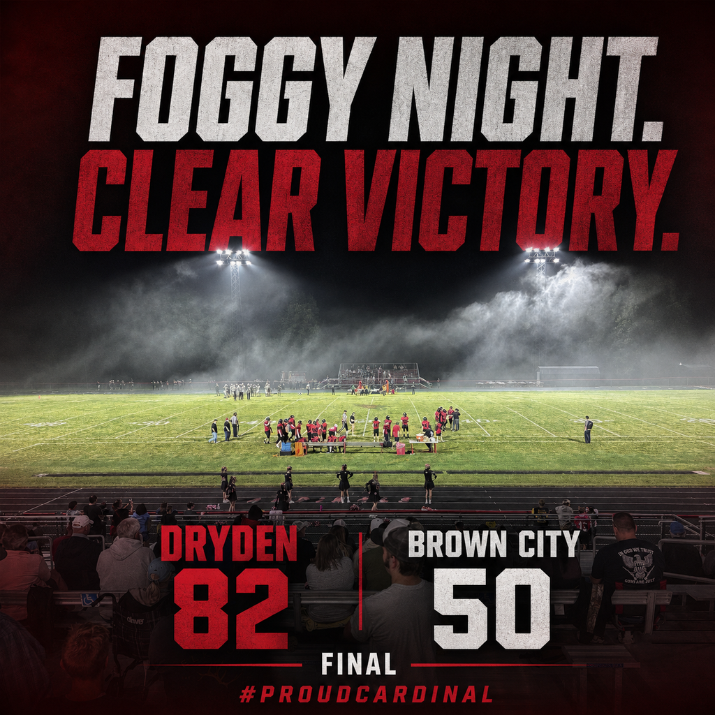 A foggy night. A clear victory. 🏈🌫️  The Dryden Cardinals defeated Brown City, 82–50! Congratulations to our players and coaches on an incredible win!  #ProudCardinal #DrydenCardinals #FridayNightLights #CardinalFootball