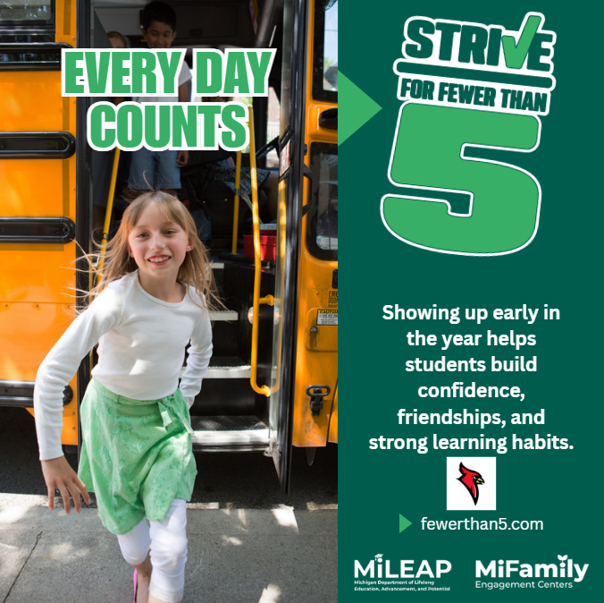 Every day counts Strive for fewer than 5 Showing up early in the year helps students build confidence, friendships, and strong learning habits. fewerthan5.com MiLEAP  MIFamily