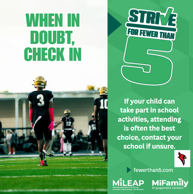 When in doubt, check in Strive for fewer than 5 If you rchidl can take part in school activities, attending is often the best choice, contact your school if unsure.  fewerthan5.com MiLEAP  MiFamily