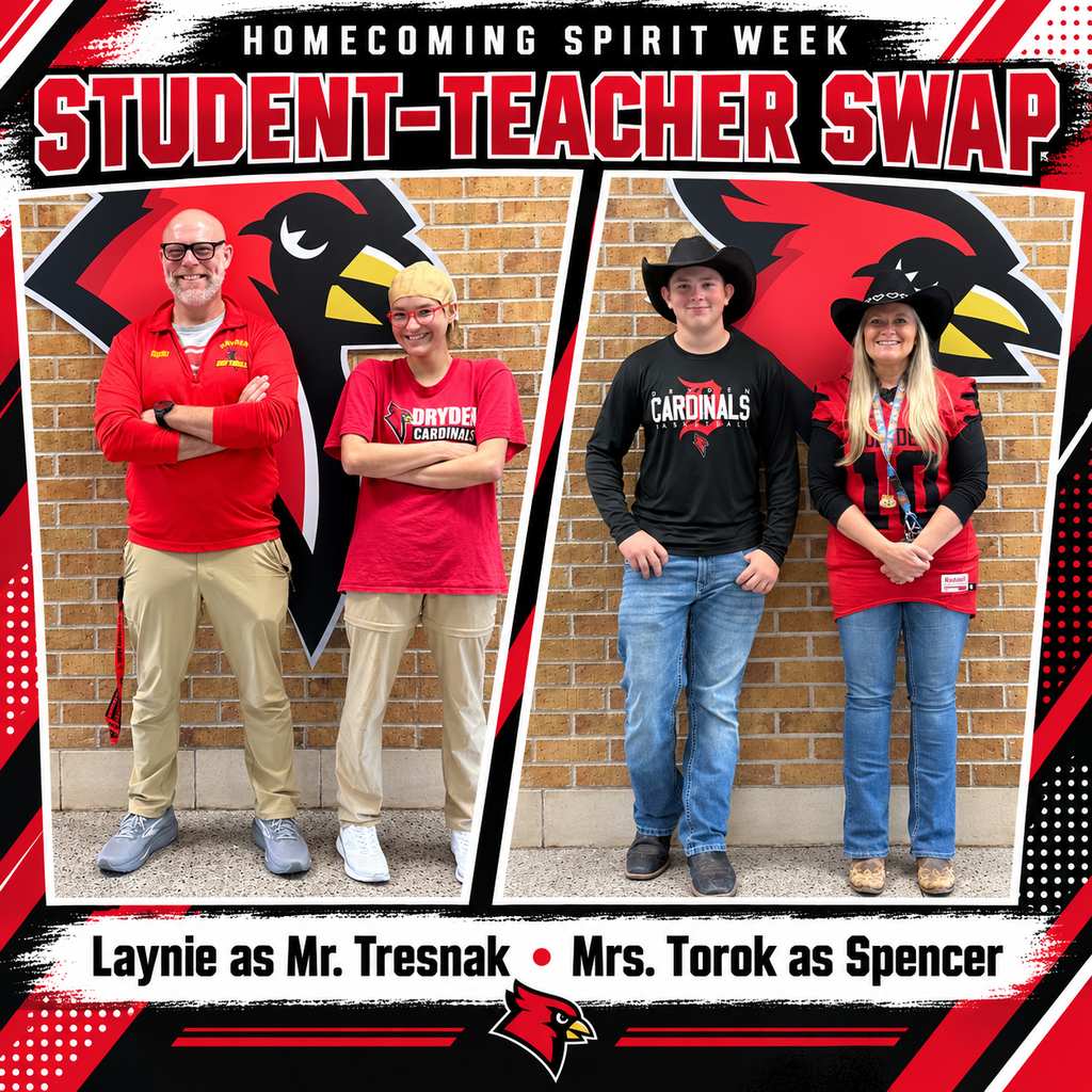 It’s Student-Teacher Swap Day at Dryden High School! Laynie did an amazing job dressing up as Mr. Tresnak, while Mrs. Torok transformed into Spencer! We love seeing the creativity and school spirit during Homecoming Week! Who do you think nailed the look best? ❤️🖤 #DrydenCardinals #HomecomingSpiritWeek #StudentTeacherSwap #CardinalPride #GoCardinals
