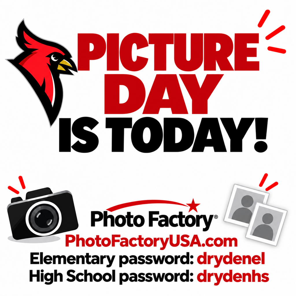 📸 Picture Day is TODAY! Photo Factory will be at Dryden Community Schools today for Dryden Elementary School Picture Day and Dryden High School Picture Retake Day. For additional information or to order pictures, visit PhotoFactoryUSA.com. Elementary School password: drydenel High School password: drydenhs Come ready to smile! 😁📷 #DrydenCardinals #PictureDay #PictureRetakeDay #PhotoFactory