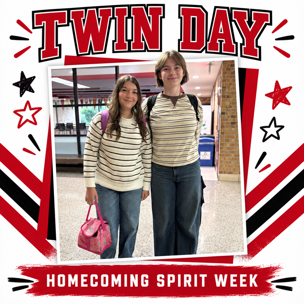 Double the style, double the fun! 👯♀️ Today’s Homecoming Spirit Week theme was Twin Day, and our Cardinals showed up in matching style! ❤️🖤 #TwinDay #HomecomingSpiritWeek #DrydenCardinals #CardinalPride