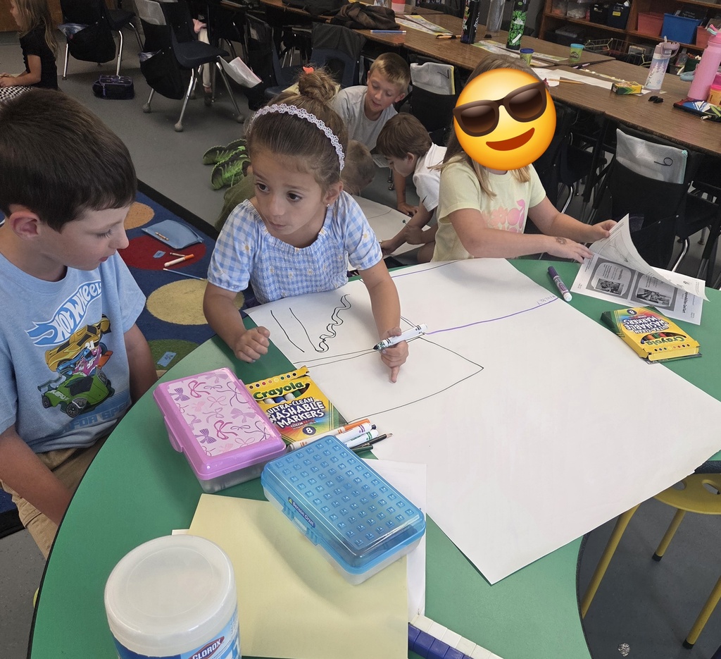 First graders worked in groups to design posters to help students remember how to play safe and have fun on our playground.