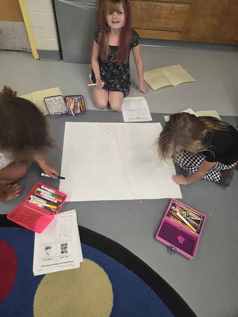 First graders worked in groups to design posters to help students remember how to play safe and have fun on our playground.