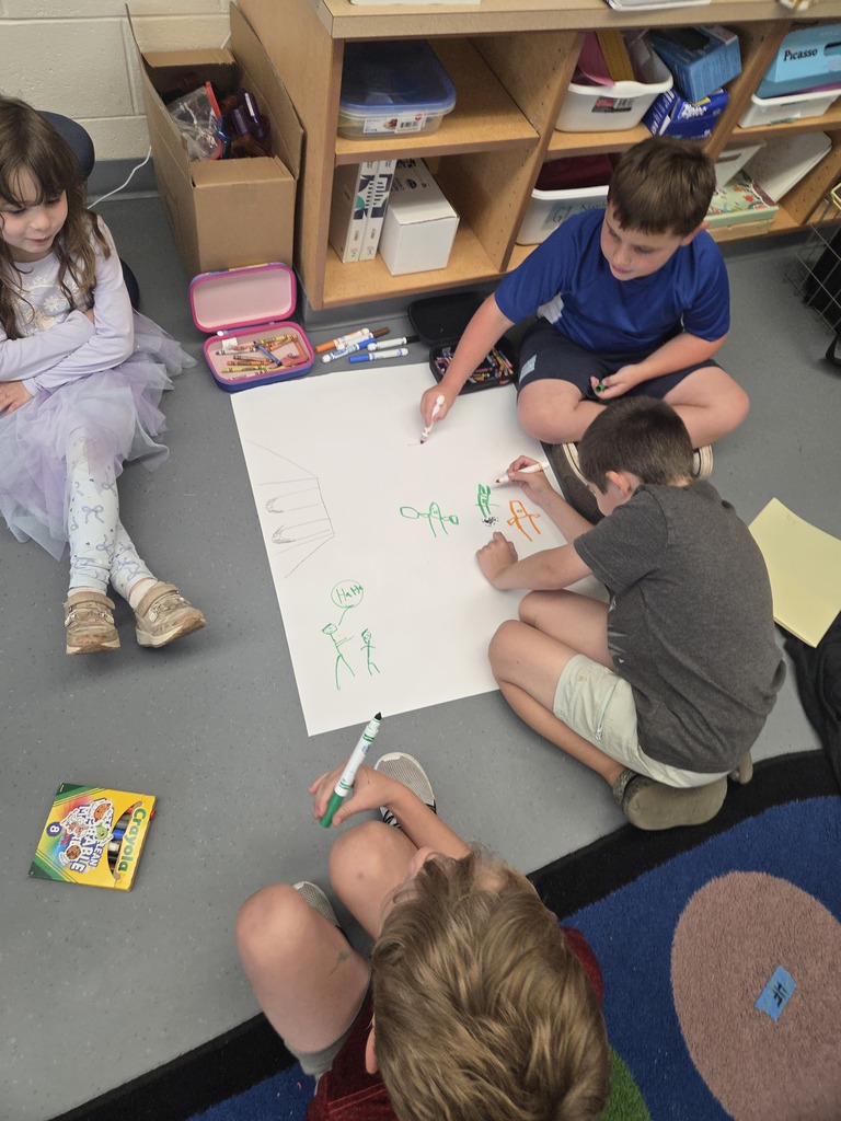 First graders worked in groups to design posters to help students remember how to play safe and have fun on our playground.