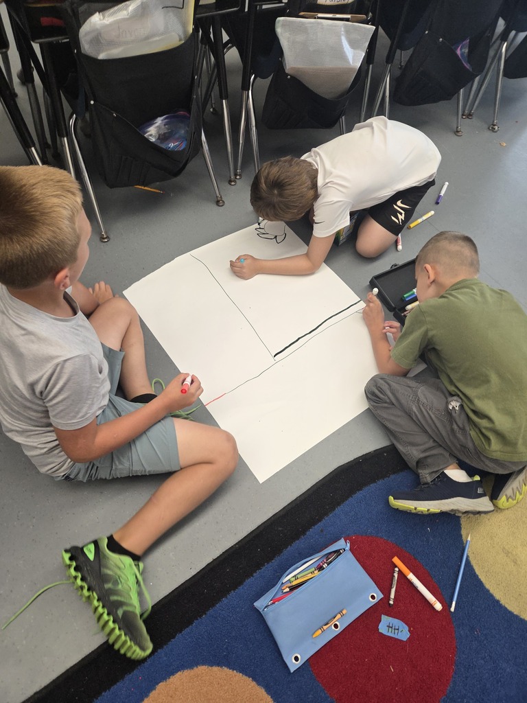 First graders worked in groups to design posters to help students remember how to play safe and have fun on our playground.