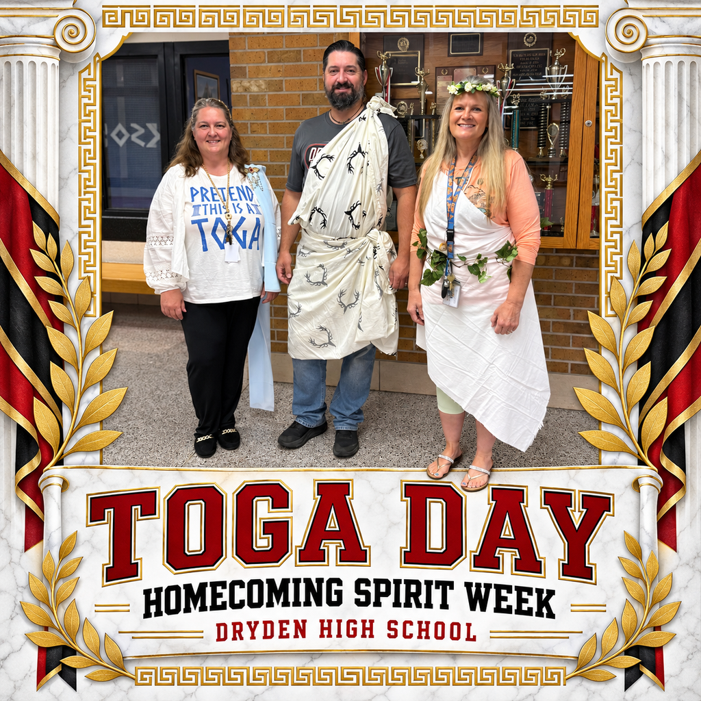 🏛️ It’s Toga Day at Dryden High School! Our staff and students are stepping back into ancient Greece as we continue celebrating Homecoming Spirit Week! ❤️🖤 #DrydenCardinals #HomecomingSpiritWeek #TogaDay #CardinalPride