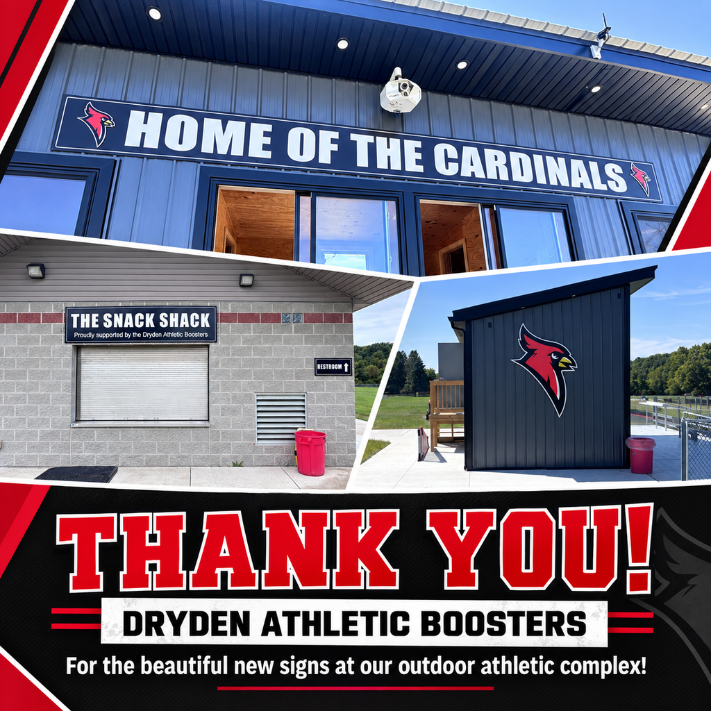 A huge thank you to the Dryden Athletic Boosters for purchasing the beautiful new signs throughout our outdoor athletic complex! From the “Home of the Cardinals” sign and Cardinal logo to the new Snack Shack signage, these additions look incredible and bring even more Cardinal pride to our facilities. We are so grateful for the Boosters’ continued generosity, hard work, and commitment to supporting our students, athletes, and community. Thank you for everything you do for Dryden Community Schools! ❤️🖤 #DrydenCardinals #CardinalPride #ThankYouBoosters #HomeOfTheCardinals