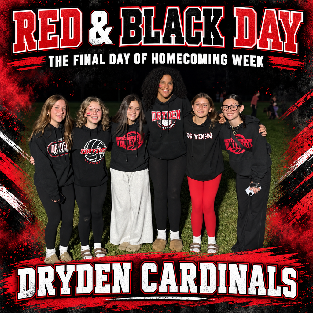 ❤️🖤 Red & Black Day was the perfect way to wrap up an unforgettable Homecoming Spirit Week!  Our students showed incredible school spirit all week long, and we loved seeing everyone come together to celebrate what it means to be a Dryden Cardinal!  Thank you to everyone who participated and helped make Homecoming Week so much fun. Cardinal pride was everywhere! ❤️🖤