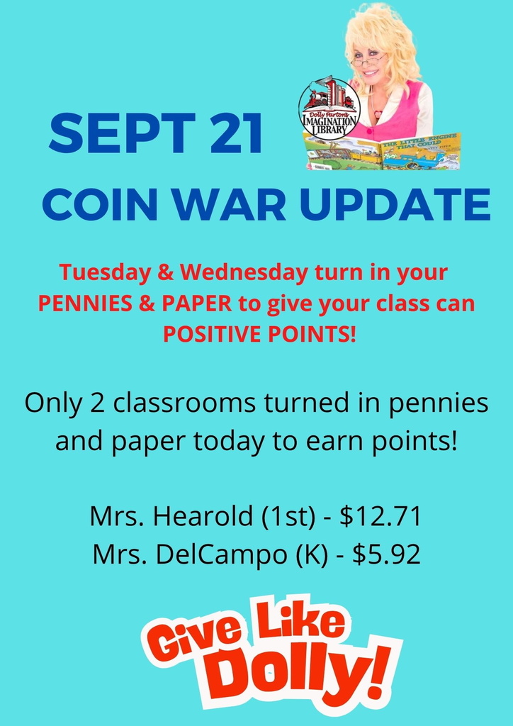Sept. 21 Coin War Update Tuesday & Wednesday turn in your pennies & paper to give your class can positive points. Only 2 classrooms turned in pennies and paper today to earn points! Mrs. Hearold (1st) $12.71  Mrs. DelCampo (K) $5.92 Give Like Dolly!