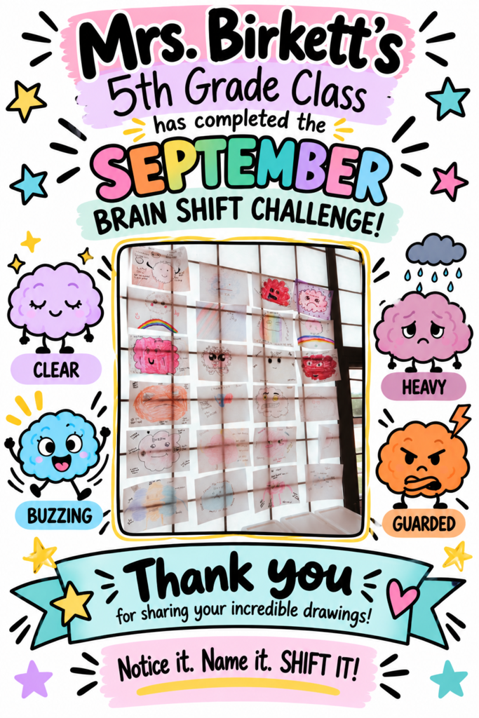 Mrs. Birkett’s fifth grade class completed the September Brain Shift Challenge Way to go! Clear, buzzing heavy, guarded Notice it, name it shift it! Their class watched the brain shift video, talked about the 4 brain states, and colored and identified how they were feeling. Congratulations on your first badge!