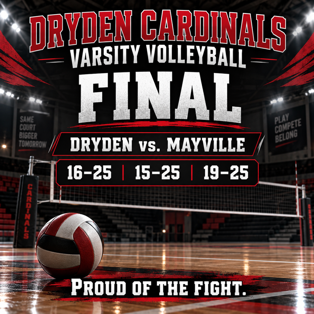 The Dryden Cardinals varsity volleyball team battled Mayville High School Tuesday night but fell in three sets, 16-25, 15-25 and 19-25. Dryden showed continued fight throughout the match, with the Cardinals putting together several offensive plays and serving runs to keep each set competitive. Stori Zink led the Cardinals with three aces on the night, including two in the third set. Kayla Lapka contributed four tips, while Karley Phillips recorded three spikes. Luxy Abraham added two tips, while Celine Nguyen and Elaina Yatrons each recorded an ace. Abby Tonkoshkur contributed a spike as the Cardinals continued to find ways to attack Mayville. The Cardinals continued to battle through the third set, finishing with their closest set of the night at 19-25. Dryden will look to carry the effort and positive plays from Tuesday's match into its upcoming games as the Cardinals continue to grow together throughout the season.
