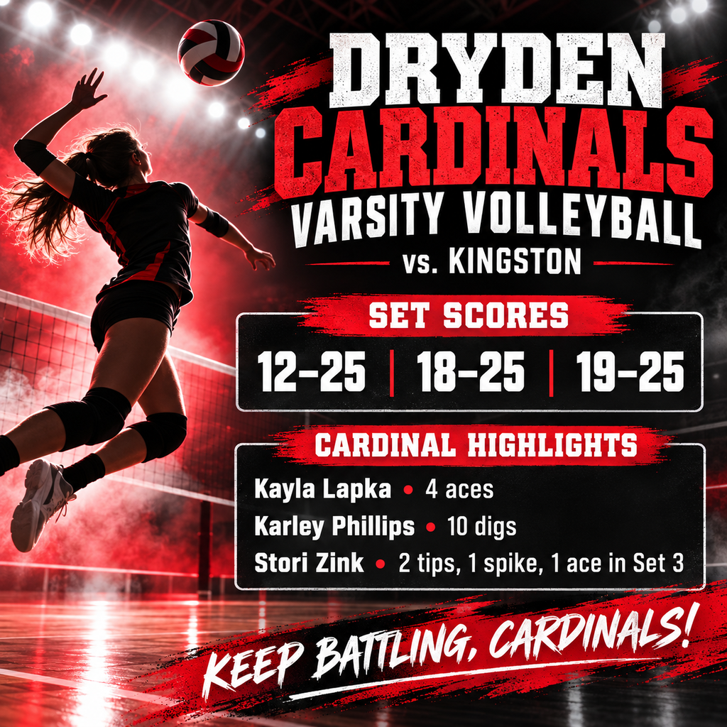 🏐 Cardinals keep battling! ❤️🖤 Dryden varsity volleyball faced Kingston yesterday, falling 12–25, 18–25, and 19–25. The Cardinals kept fighting, with their closest set coming in the third. Kayla Lapka sparked the team with a four-serve run in the first set, including two aces. Karley Phillips anchored the defense with 10 digs, while Stori Zink added two tips, a spike, and an ace in the third. Abby Tonkoshkur, Celine Nguyen, and Elaina Yatros also contributed spikes. This team is putting in the work, building chemistry, and growing with every match. Keep going, Cardinals! 💪🏐