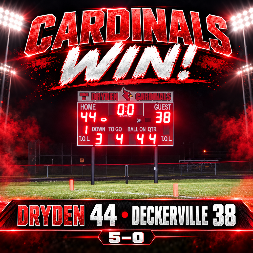 🏈 CARDINALS WIN! 🏈 What a night at Stremler Field! Dryden came out on top in a hard-fought battle with Deckerville, 44–38! ❤️🖤 Both teams entered the night 4–0, and the Cardinals rose to the challenge. Congratulations to our players and coaches, and thank you to everyone who packed the stands and cheered them on! DRYDEN 44 | DECKERVILLE 38 #DrydenCardinals #CardinalPride