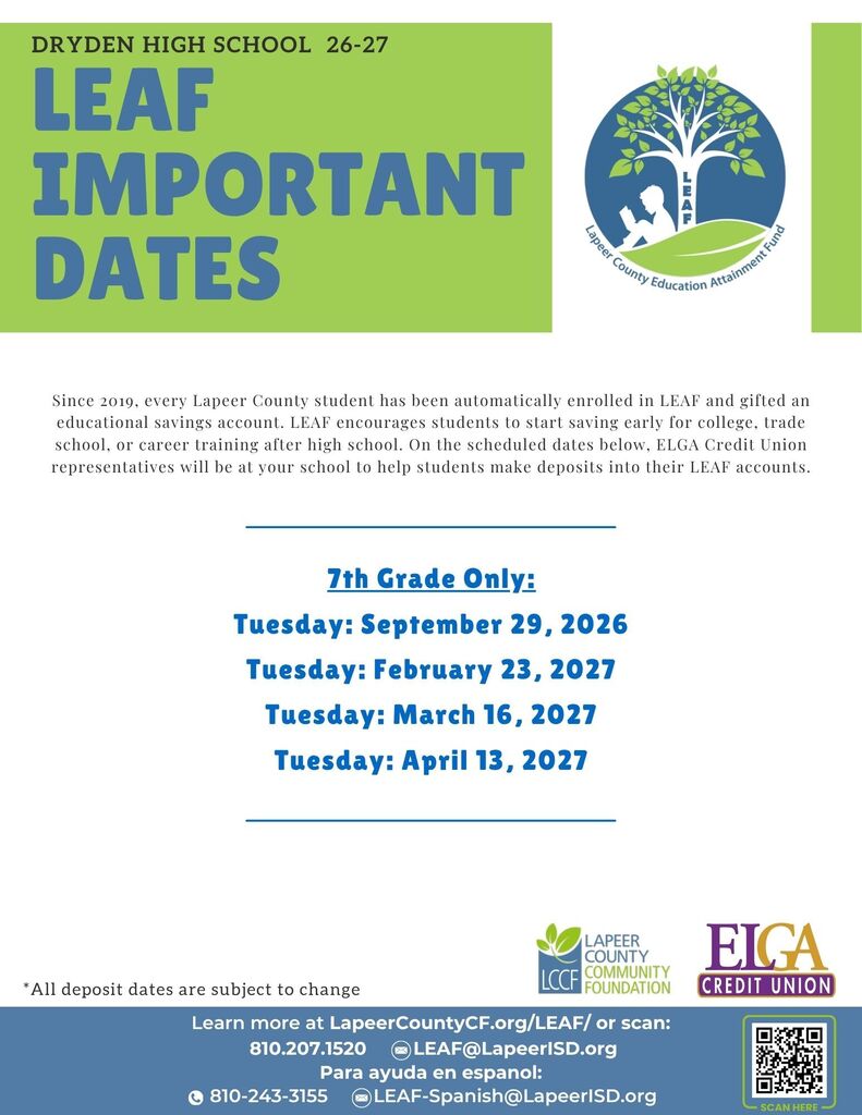Our 4 LEAF deposit dates for this year are: September 29, February 23, March 16, and April 13.