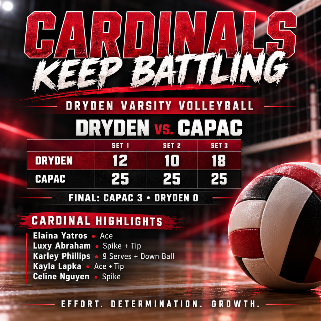 The Dryden varsity volleyball team faced Capac tonight, battling through three sets as the Cardinals continued to show effort and determination throughout the match. Dryden opened the night with a 12-25 loss in the first set. Elaina Yatros recorded an ace, while Luxy Abraham contributed a spike for the Cardinals. In the second set, Dryden fell 10-25. Karley Phillips contributed nine serves as the Cardinals continued to compete and work to create momentum. The third set was Dryden’s closest of the night, with the Cardinals falling 18-25. Kayla Lapka recorded an ace and a tip, Celine Nguyen added a spike, Luxy Abraham contributed a tip, and Karley Phillips added a down ball. Although the Cardinals fell 0-3, Dryden continued to battle throughout the match and showed moments of strong serving and offensive play. The team will continue working to build on these performances as the season progresses.