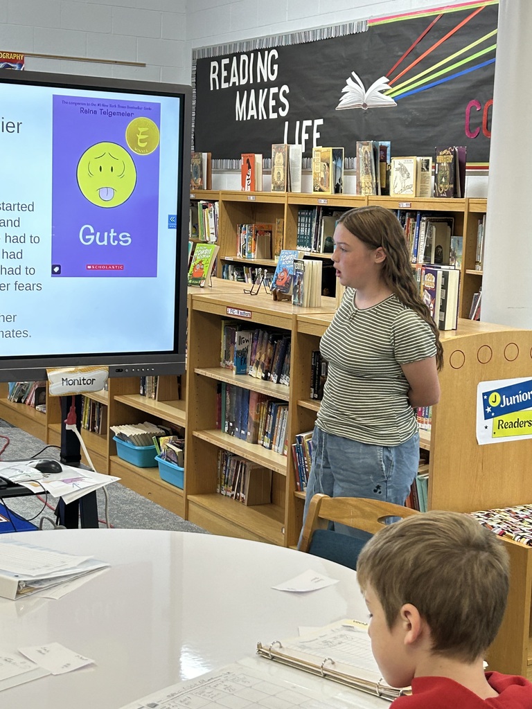 Three brave 5th graders, who are also Student Library Board members, volunteered to give a book talk in front of their classmates. #growingreaders #proudcardinal