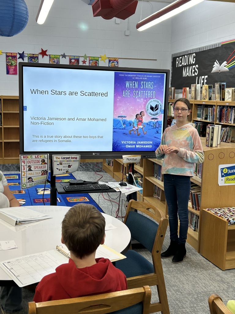 Three brave 5th graders, who are also Student Library Board members, volunteered to give a book talk in front of their classmates. #growingreaders #proudcardinal