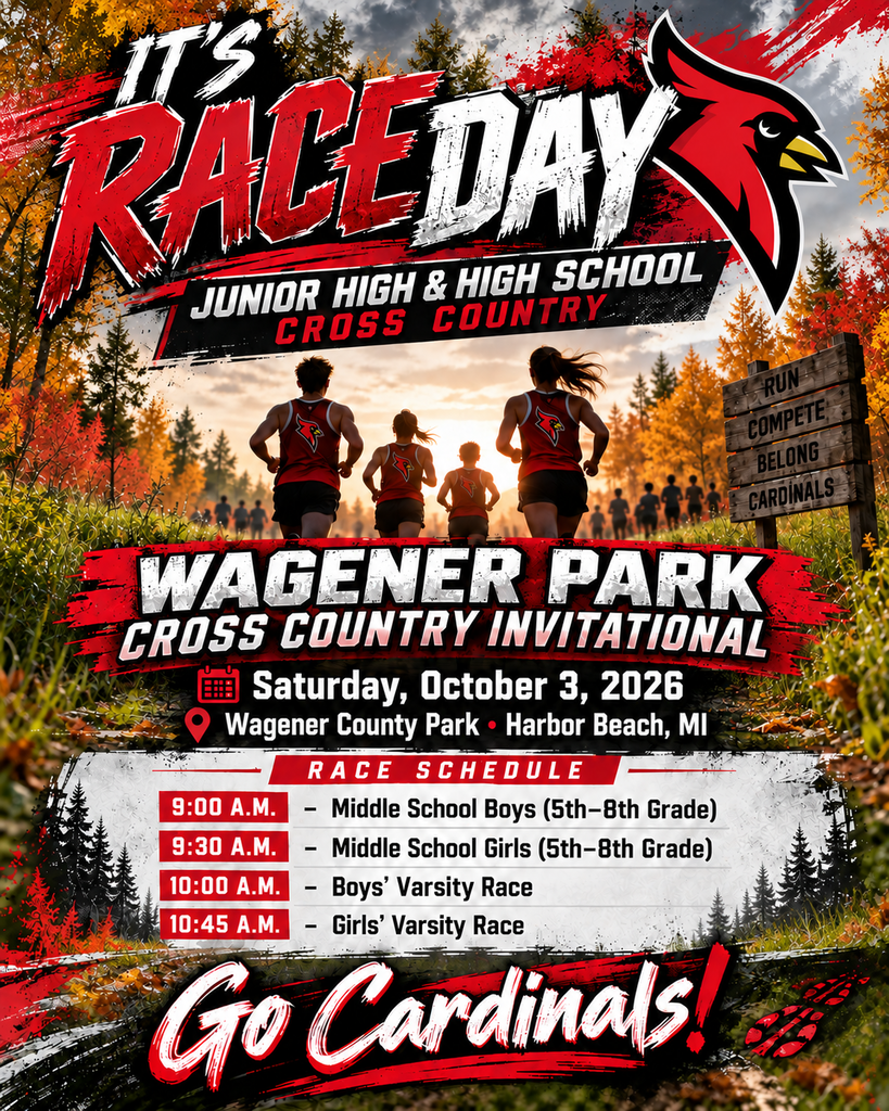 Our Dryden Junior High & High School Cross Country teams are competing today at the Wagener Park Cross Country Invitational! 📍 Wagener County Park – Harbor Beach, MI 📅 Saturday, October 3, 2026 ⏰ Race Schedule: • 9:00 A.M. – Middle School Boys (5th–8th Grade) • 9:30 A.M. – Middle School Girls (5th–8th Grade) • 10:00 A.M. – Boys Varsity • 10:45 A.M. – Girls Varsity Good luck to all of our Cardinal runners as they take on the course today! Run strong, compete hard, and represent Dryden with pride! 💪❤️🖤 GO CARDINALS!