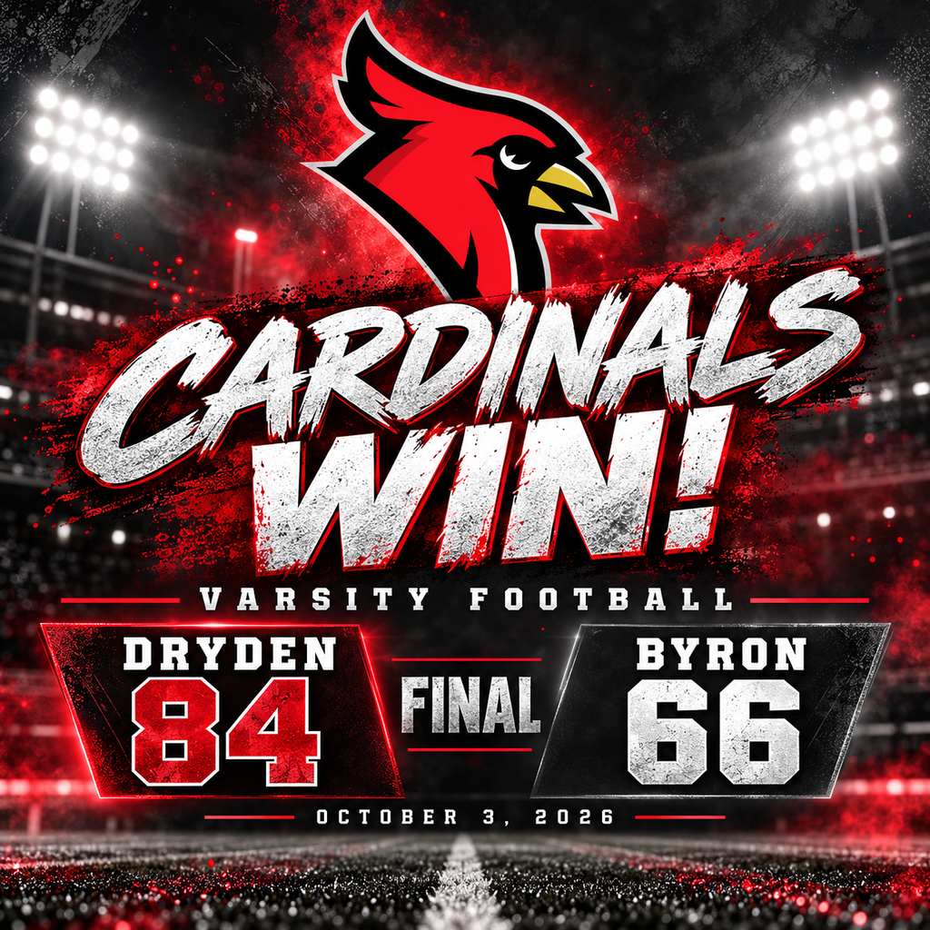 🏈🔥 CARDINALS WIN! 🔥🏈 Dryden varsity football brought home an 84–66 victory over Byron today! What a scoreboard! 💪❤️🖤 Congratulations to our players and coaches, and thank you to the fans who cheered on our Cardinals! Let’s keep it rolling, Dryden! 🙌 #GoCardinals #DrydenFootball