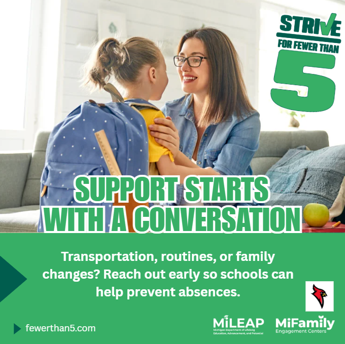 Top Right Badge:STRIVE FOR FEWER THAN 5   Main Heading:SUPPORT STARTS WITH A CONVERSATION   Subheading / Body Text:Transportation, routines, or family changes? Reach out early so schools can help prevent absences.   Bottom / Footer Text & Logos:▶ fewerthan5.com   MiLEAP (Michigan Department of Lifelong Education, Advancement, and Potential)   MiFamily Engagement Centers  