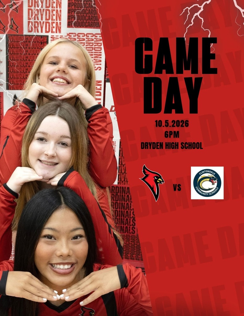 GAMEDAY, CARDINALS! It’s game day! Our Dryden Cardinals take on Clintondale tonight at home! 📍 Dryden High School ⏰ 6:00 PM 📅 October 5 Come out and pack the gym as we battle it out on our home court! LET’S GO, CARDINALS!