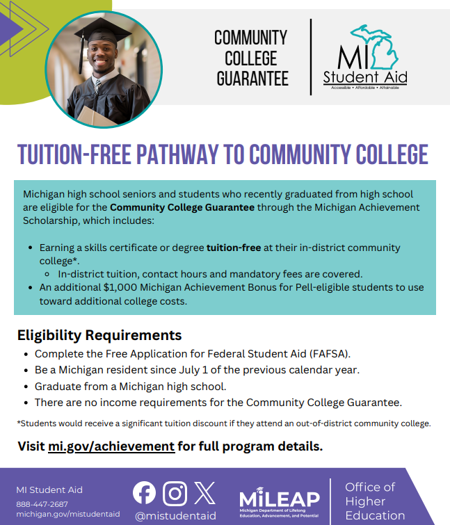 🎓 Seniors and families: The Community College Guarantee can provide a tuition-free pathway to an in-district community college for eligible Michigan students through the Michigan Achievement Scholarship. Students may also qualify for an additional $1,000 Michigan Achievement Bonus if they are Pell-eligible. Completing the FAFSA is required, so we encourage seniors to get started and take advantage of this opportunity!