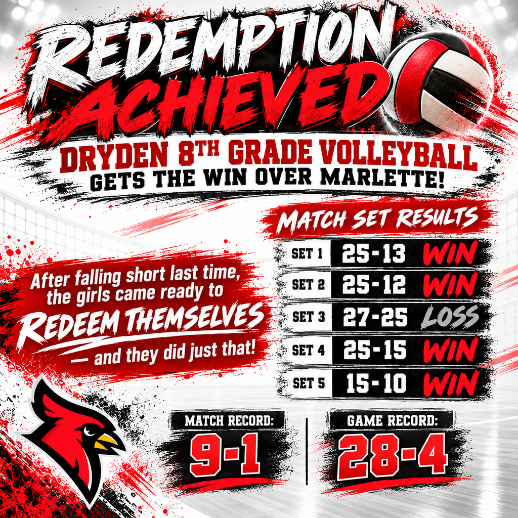 REDEMPTION ACHIEVED DRYDEN 8TH GRADE VOLLEYBALL GETS THE WIN OVER MARLETTE! After falling short last time, the girls came ready to REDEEM THEMSELVES — and they did just that! 25-13 WIN 25-12 WIN 27-25 LOSS 25-15 WIN 15-10 WIN Match Record : 9-1 Game Record : 28-4