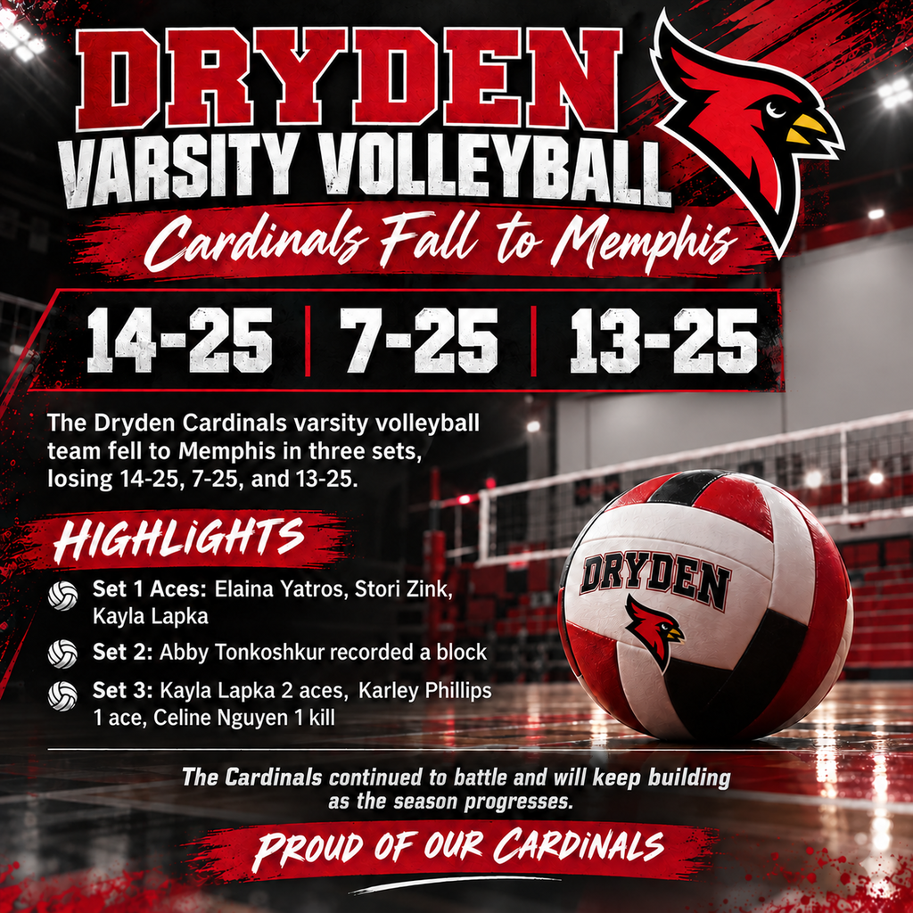 🏐❤️🖤 Dryden Varsity Volleyball Update  The Dryden Cardinals varsity volleyball team faced Memphis, falling in three sets with scores of 14-25, 7-25, and 13-25.  In the opening set, Elaina Yatros, Stori Zink, and Kayla Lapka each contributed an ace for the Cardinals. During the second set, Abby Tonkoshkur made her presence known at the net with a block.  Dryden continued to compete in the third set, with Kayla Lapka recording two aces, Karley Phillips adding an ace, and Celine Nguyen contributing a kill.  Although the Cardinals came up short, the team will continue working to strengthen its performance and build momentum as the season progresses.  ❤️🖤 Keep working hard, Cardinals!