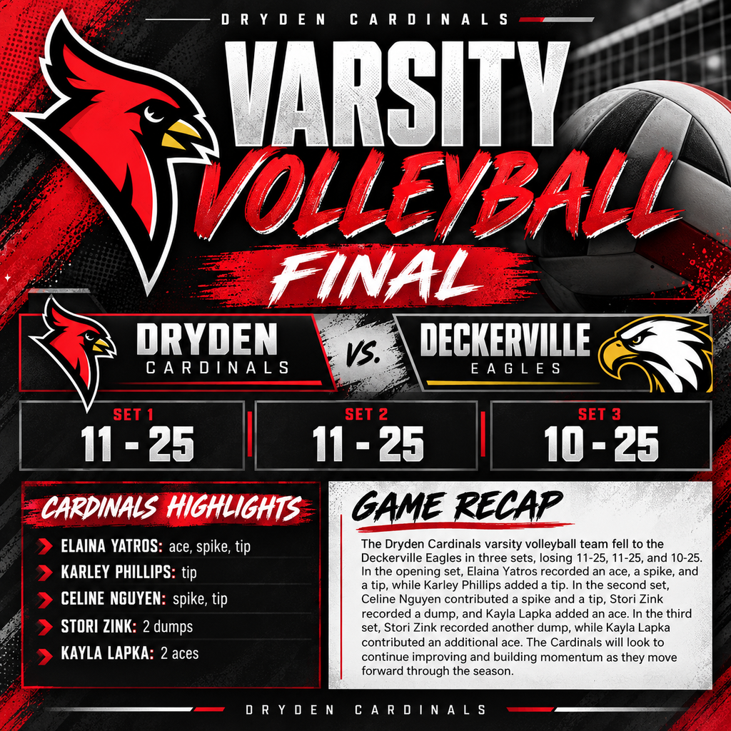 The Dryden Cardinals varsity volleyball team fell to the Deckerville Eagles in three sets, losing 11-25, 11-25, and 10-25. In the opening set, Elaina Yatros recorded an ace, a spike, and a tip, while Karley Phillips added a tip. Dryden continued to compete in the second set, with Celine Nguyen contributing a spike and a tip, Stori Zink recording a dump, and Kayla Lapka adding an ace. In the third set, Stori Zink recorded another dump, while Kayla Lapka contributed an additional ace. The Cardinals will look to continue improving and building momentum as they move forward through the season.
