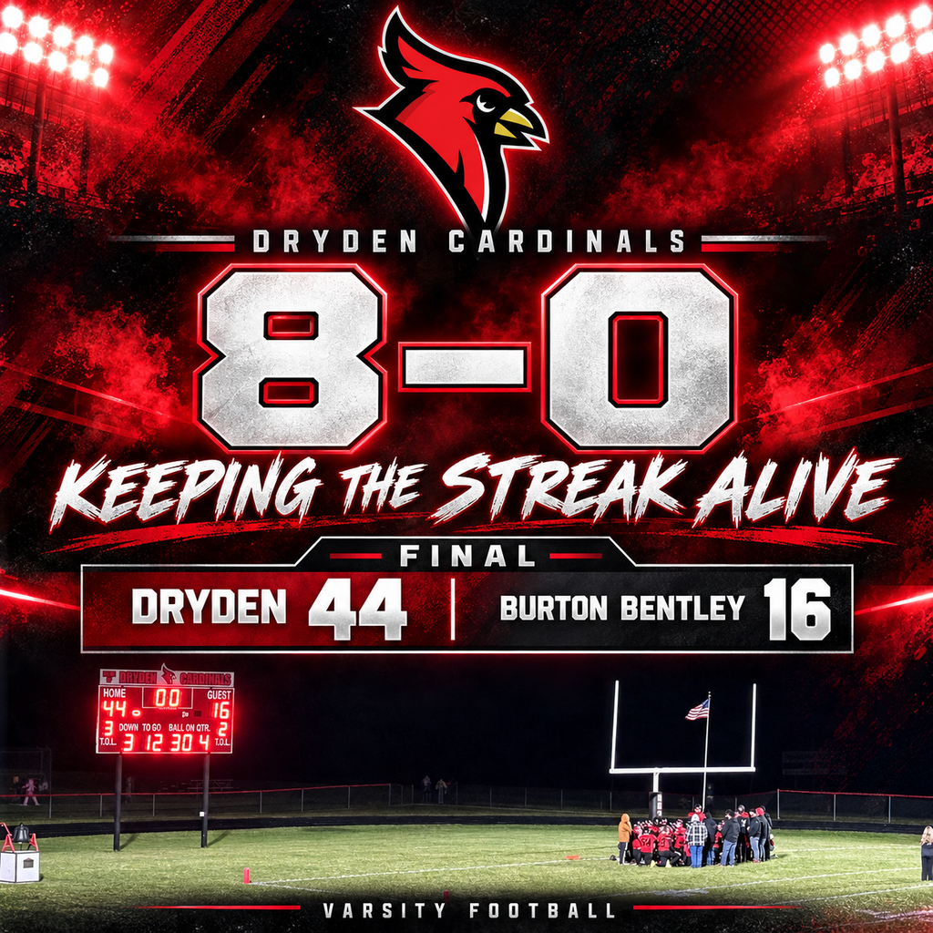 🏈 KEEPING THE STREAK ALIVE! ❤️🖤 The Dryden Cardinals defeated Burton Bentley 44–16 tonight to improve to 8–0 on the season! Congratulations to our players and coaches on another big win! Thank you to our fans for cheering them on. What a season, Cardinals—keep it rolling! 🔥 #GoDryden #CardinalPride #Undefeated