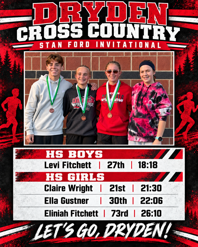 🏃♂️🏃♀️ Cardinal Cross Country! ❤️🖤 Dryden’s high school cross country runners competed at the Stan Ford Invitational! Here are their results: HS Boys • Levi Fitchett — 27th place | 18:18 HS Girls • Claire Wright — 21st place | 21:30 • Ella Gustner — 30th place | 22:06 • Eliniah Fitchett — 73rd place | 26:10 Congratulations to our runners on their hard work and dedication! Keep pushing, Cardinals! ❤️🖤