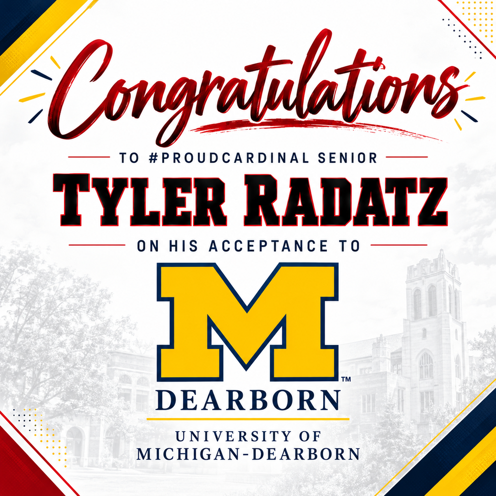 Congratulations to #proudcardinal senior Tyler Radatz on his acceptance to University of Michigan Dearborn!   We are so proud of Tyler and are excited to see what the future holds for him! Keep reaching higher! ❤️🖤  #reachhigher #bettermakeroom #CollegBoundMI #SixtyBy30