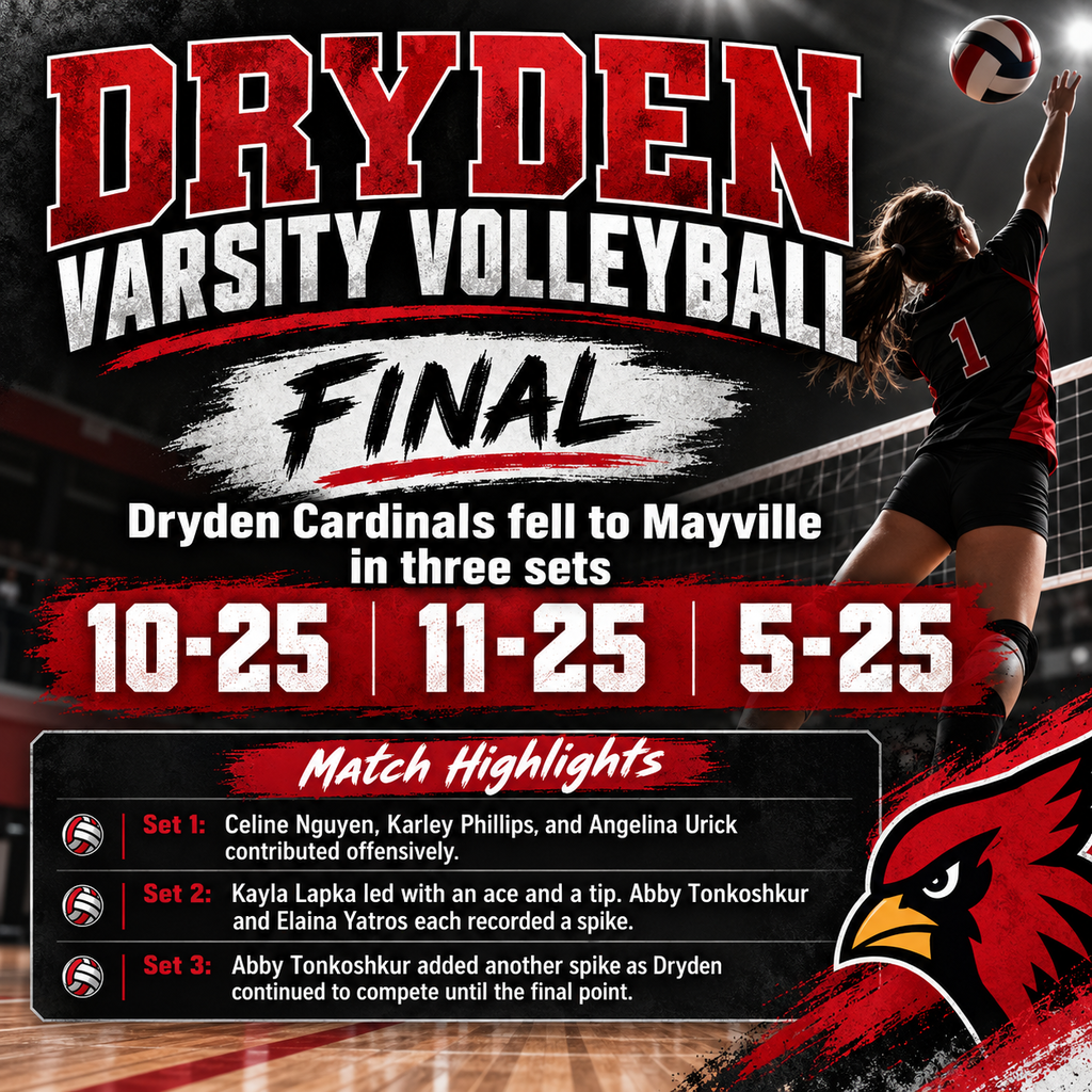 🏐❤️🖤 DRYDEN VARSITY VOLLEYBALL 🖤❤️🏐 The Dryden Cardinals varsity volleyball team fell to Mayville in three sets, losing 10-25, 11-25, and 5-25. In the opening set, Celine Nguyen, Karley Phillips, and Angelina Urick contributed offensively for the Cardinals. During the second set, Kayla Lapka recorded an ace and a tip, while Abby Tonkoshkur and Elaina Yatros each added a spike. In the third set, Tonkoshkur contributed another spike as the Cardinals continued to compete until the final point. The Cardinals will look to continue building their skills and improving as they move forward through the season. Keep working hard, Cardinals! ❤️🖤 #proudcardinal #DrydenCardinals #DrydenVolleyball #CardinalPride