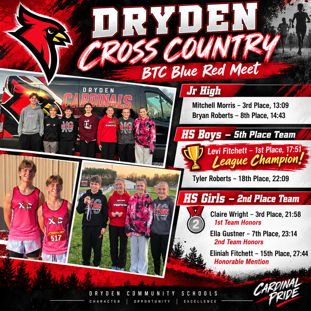 🏃♂️🏃♀️ CARDINAL CROSS COUNTRY SUCCESS! ❤️🖤 The Dryden Cardinals Cross Country teams had a great showing at the BTC Blue Red Meet, bringing home some impressive finishes, league honors, and a LEAGUE CHAMPION! 🏆 Congratulations to all of our runners on their hard work and accomplishments! 🏃 JUNIOR HIGH RESULTS 🥉 Mitchell Morris – 3rd Place (13:09) Bryan Roberts – 8th Place (14:43) 🏃♂️ HIGH SCHOOL BOYS – 5TH PLACE TEAM 🥇 Levi Fitchett – 1st Place (17:51) – LEAGUE CHAMPION! 🏆 Tyler Roberts – 18th Place (22:09) 🏃♀️ HIGH SCHOOL GIRLS – 2ND PLACE TEAM! 🥈 🥉 Claire Wright – 3rd Place (21:58) – 1st Team All-League Honors! Ella Gustner – 7th Place (23:14) – 2nd Team All-League Honors! Eliniah Fitchett – 15th Place (27:44) – All-League Honorable Mention! A special congratulations to Levi Fitchett on earning the title of League Champion and to our girls team for their 2nd-place finish! We are so proud of all of our Cardinal runners and the dedication they have shown throughout the season! Keep up the great work, Cardinals! ❤️🖤