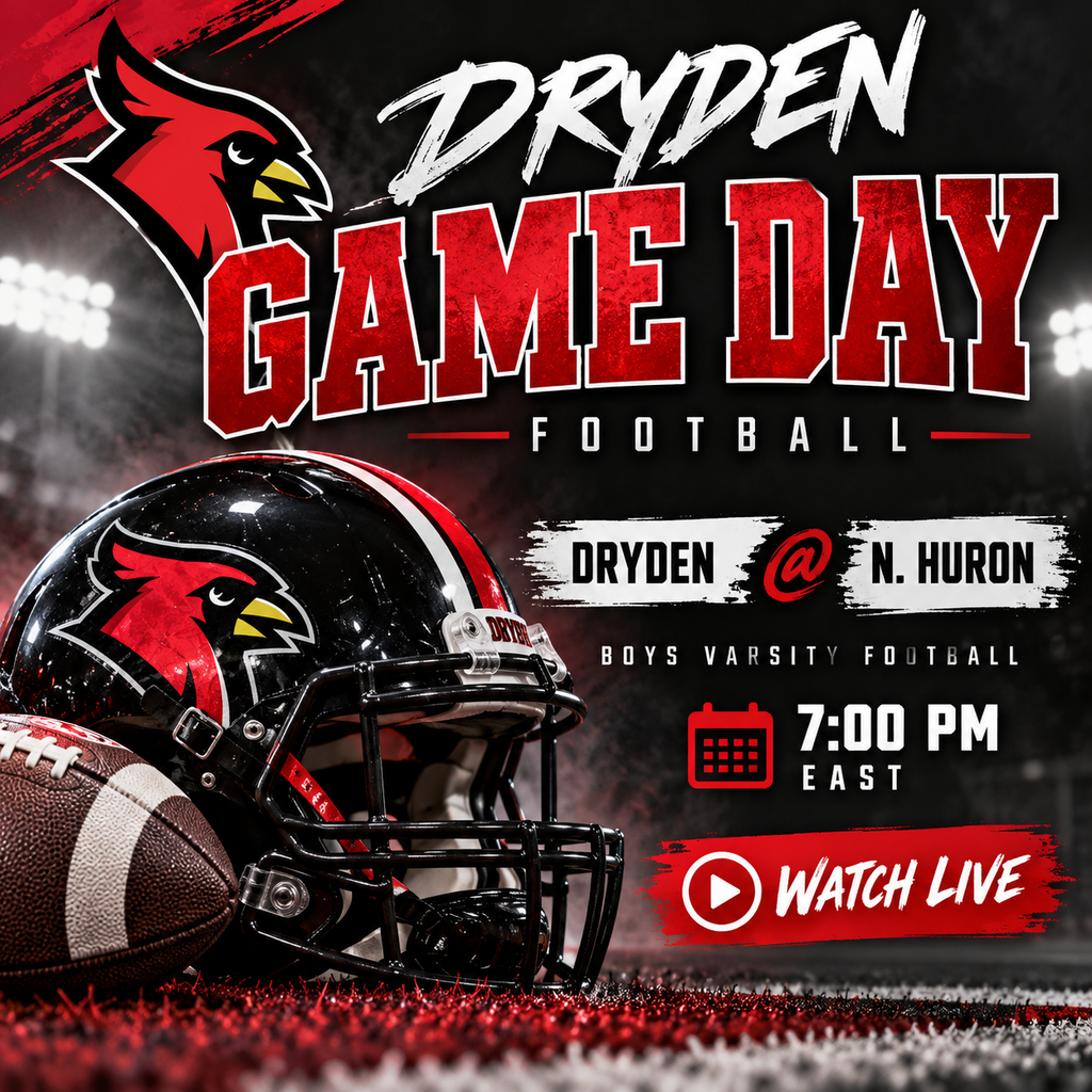 🏈❤️🖤 IT'S GAME DAY, CARDINALS! 🖤❤️🏈 The Dryden Cardinals Varsity Football team hits the road tonight to take on North Huron! 📍 Dryden @ North Huron 🏈 Boys Varsity Football 📅 Friday, October 23 ⏰ 7:00 PM Let's keep the momentum going, Cardinals! Bring home another WIN! 💪🏈 📺 Watch Live: NFHS Network