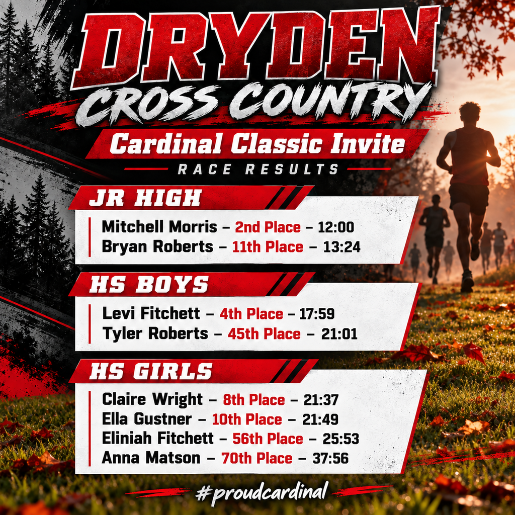 🏃♂️🏃♀️ Dryden Cross Country – Cardinal Classic Invite! ❤️🖤 Our Dryden Cross Country teams competed at the Cardinal Classic Invite, and our Cardinals had some great performances! Congratulations to all of our runners on their hard work and determination! 🏅 Junior High Mitchell Morris – 2nd Place | 12:00 Bryan Roberts – 11th Place | 13:24 🏅 High School Boys Levi Fitchett – 4th Place | 17:59 Tyler Roberts – 45th Place | 21:01 🏅 High School Girls Claire Wright – 8th Place | 21:37 Ella Gustner – 10th Place | 21:49 Eliniah Fitchett – 56th Place | 25:53 Anna Matson – 70th Place | 37:56 A special shoutout to Mitchell Morris for his 2nd-place finish, Levi Fitchett for finishing 4th, and Claire Wright and Ella Gustner for their top-10 finishes! We are proud of all of our Cardinal runners for representing Dryden so well! Keep up the great work! ❤️🖤