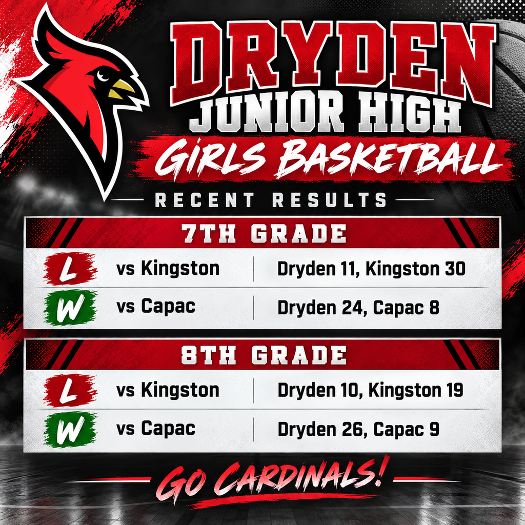 🏀❤️🖤 DRYDEN JUNIOR HIGH GIRLS BASKETBALL 🖤❤️🏀 Our 7th and 8th grade Lady Cardinals were back on the court this week, taking on Kingston and Capac! Both teams battled hard against Kingston and bounced back with impressive wins over Capac! 🏀 7th Grade Results: Kingston 30, Dryden 11 Dryden 24, Capac 8 — WIN! 🏀 8th Grade Results: Kingston 19, Dryden 10 Dryden 26, Capac 9 — WIN! Congratulations to both teams on their victories over Capac! We are proud of the hard work, determination, and improvement our girls continue to show on the court. Keep working hard, Lady Cardinals! ❤️🖤