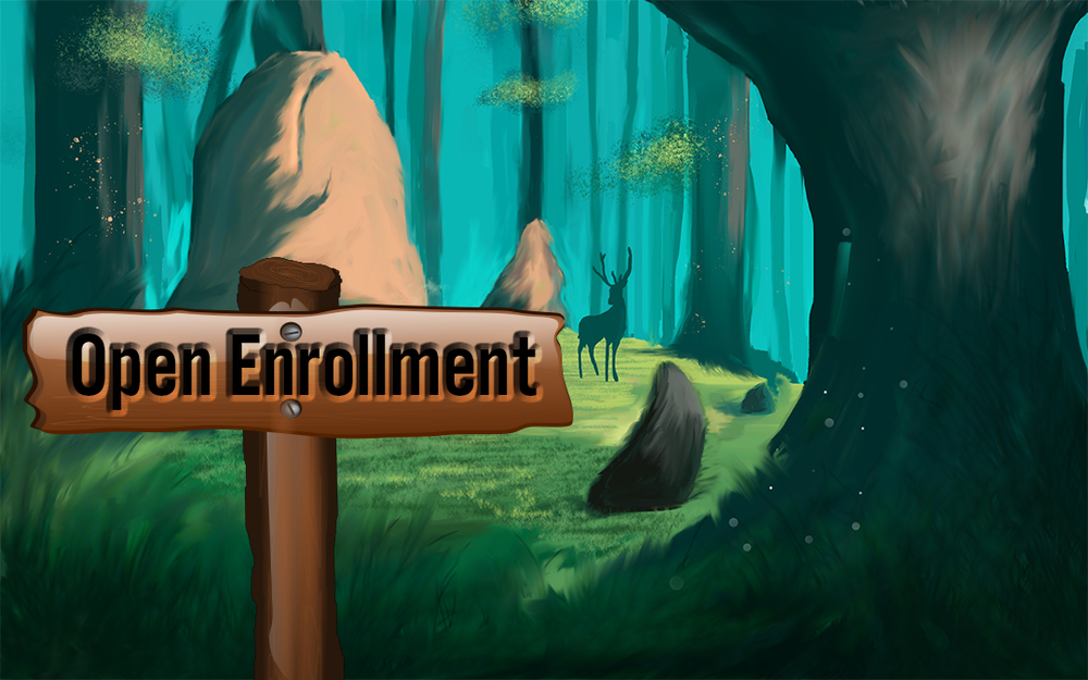Image of a sign that reads open enrollment