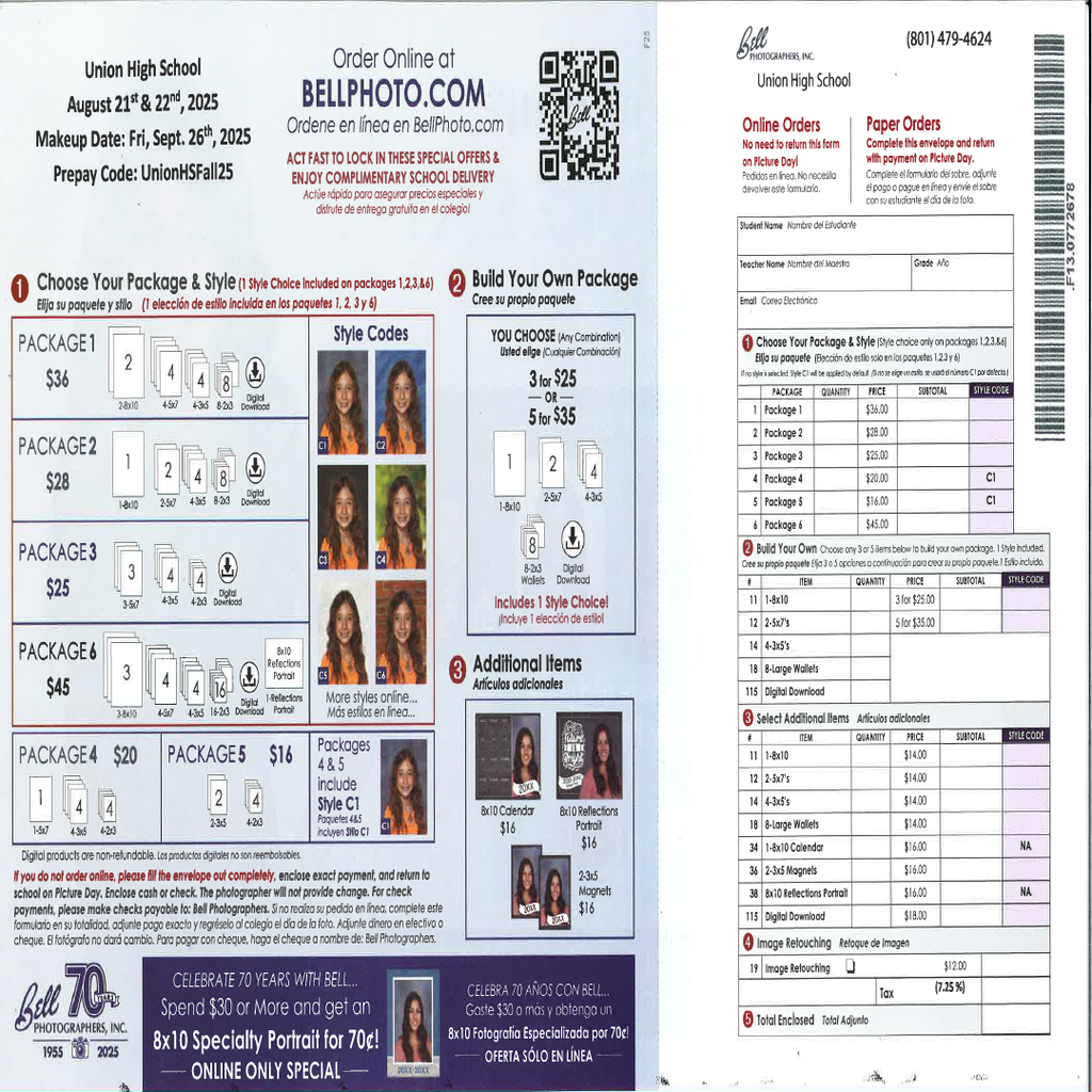 Order sheet for pictures