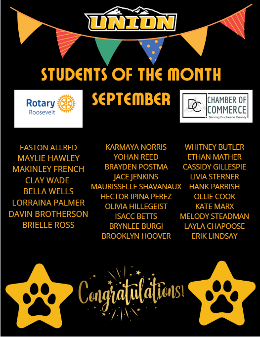 Congratulations to all of our September Students of the Month! We would like to thank  the Roosevelt Rotary Club and Duchesne County Chamber of Commerce for their sponsorship. 