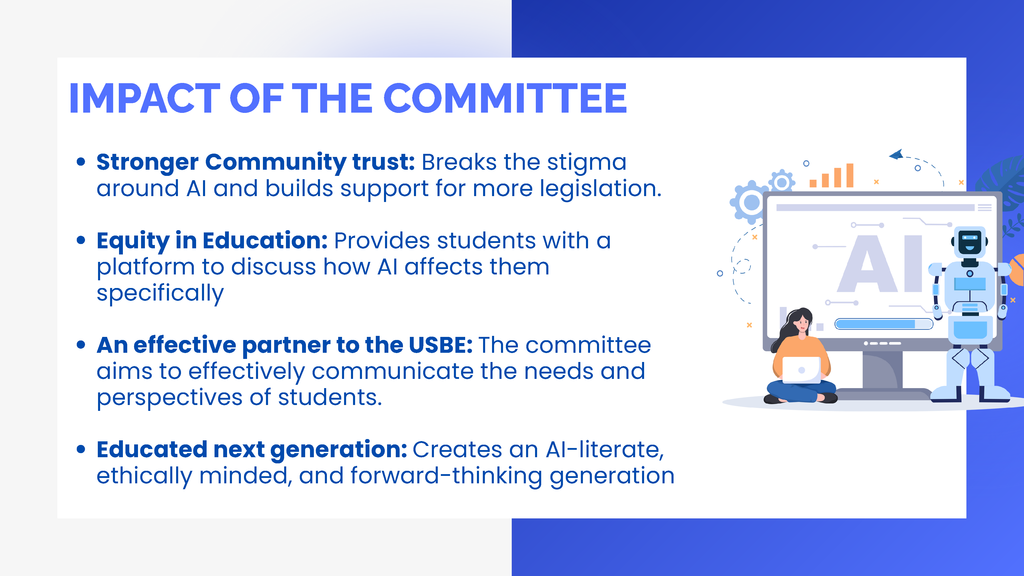 Impact of the committee: Stronger community trust, Equity in education, effective partner to USBE, educated next generation.