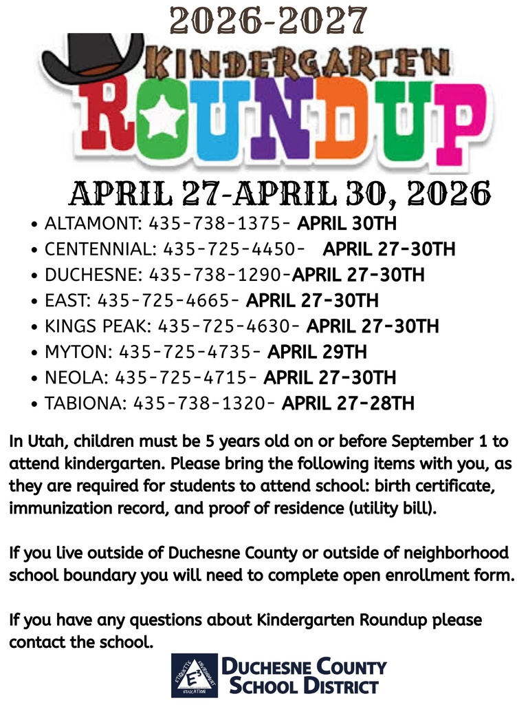 2026-2027 Duchesne Schooll District Kindergarten Roundup