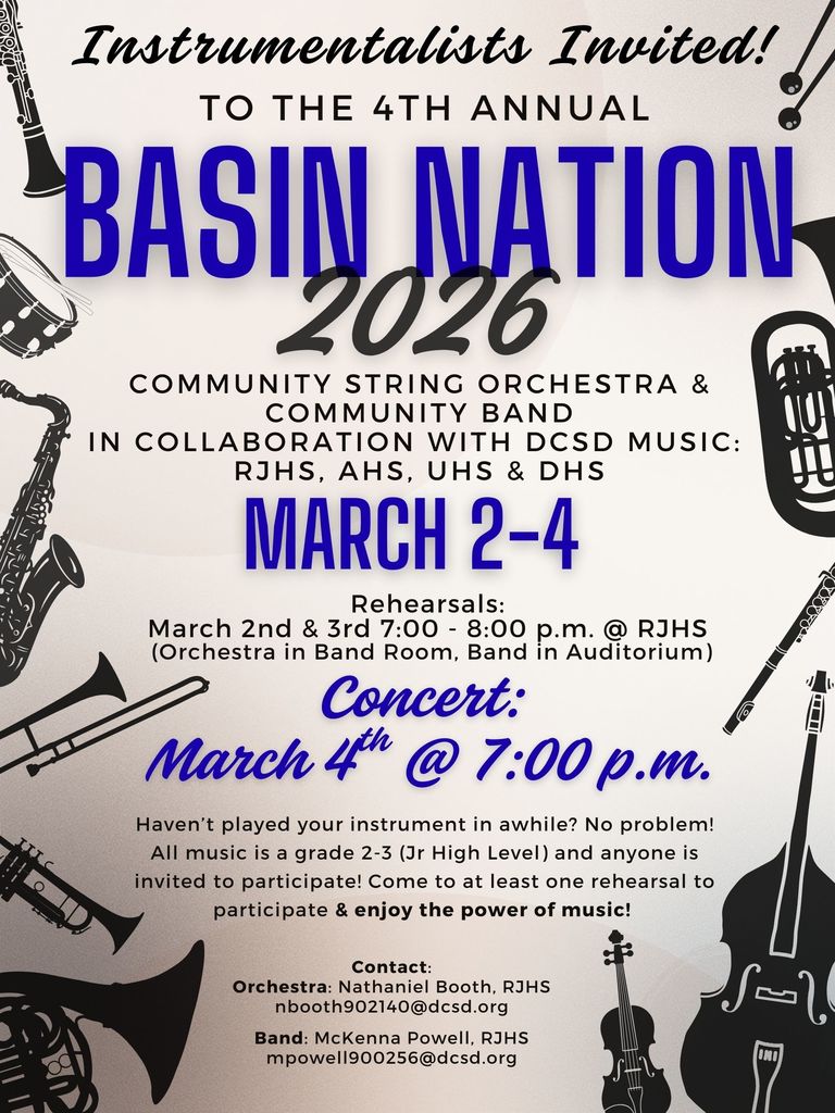4th Annual invitation to the Basin Nation community string orchestra and band Concert. Happening March 2-4.