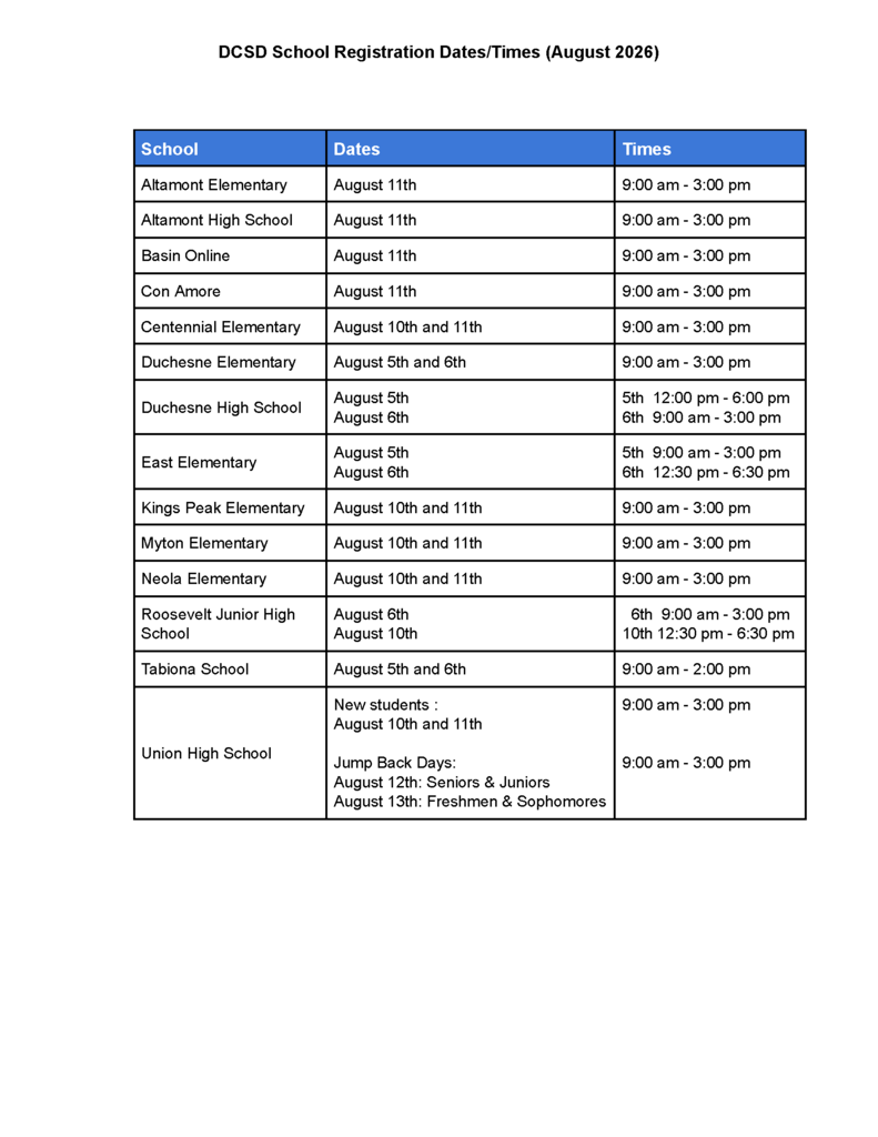 Schedule for DCSD 2026 school registration