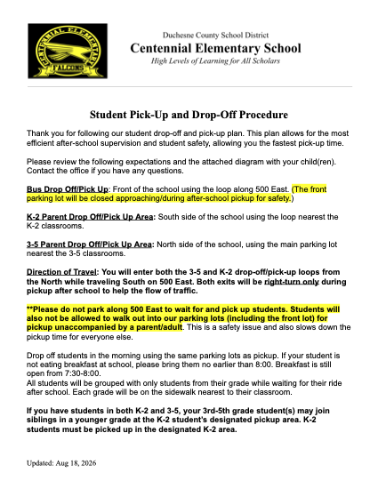 Student Pick Up and Drop Off Letter